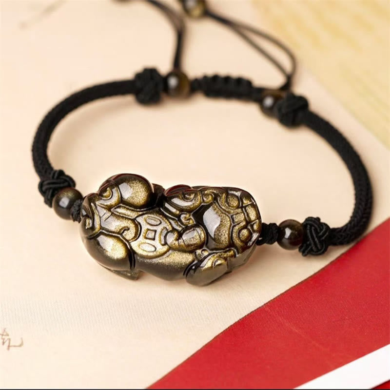 Buddha Stones Natural Obsidian Amethyst Citrine Pixiu Cooper Coin Wealth Bracelet