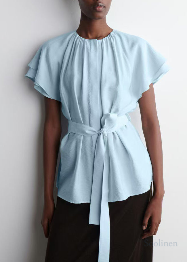 Blue Tie Waist Cotton Top Cloak Sleeves