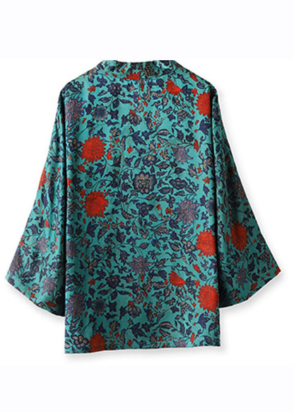 Blue V Neck Print Tie Waist Silk Coats Long Sleeve