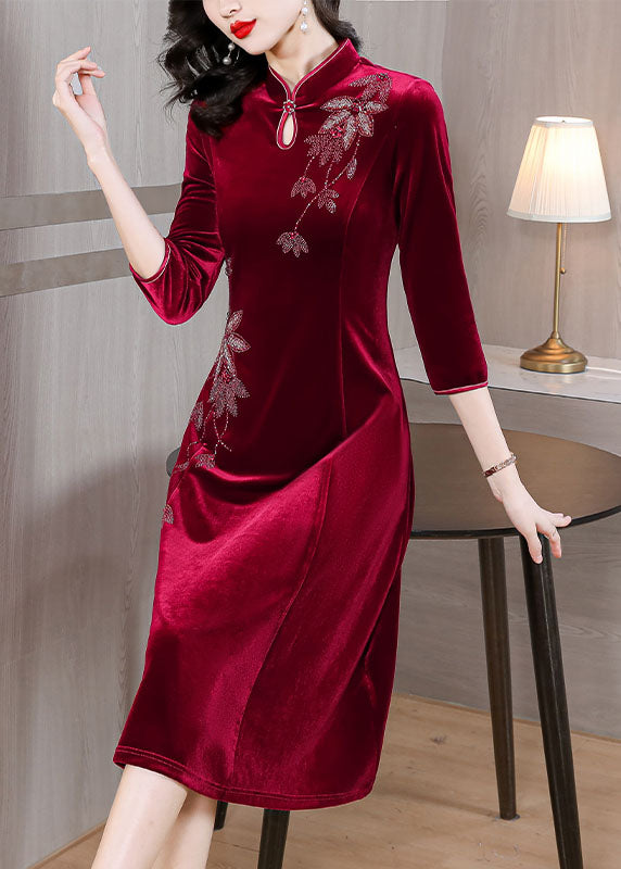 Diy Wine Red Embroideried Slim Silk Velour Long Dress Fall
