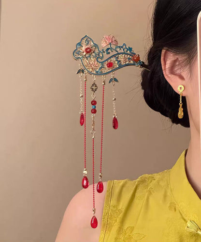 Retro Red Alloy Hollow Out Cloisonne Tassel a Pair Hairpin