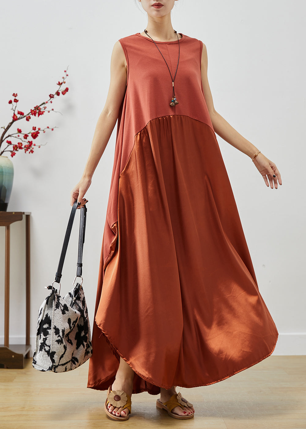 Brick Red Oversized Patchwork Silk Long Dress Sleeveless