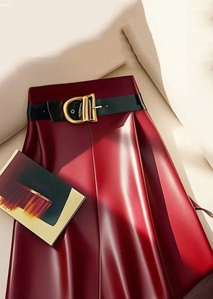 Stylish Red Sashes High Waist Faux Leather Skirts Spring