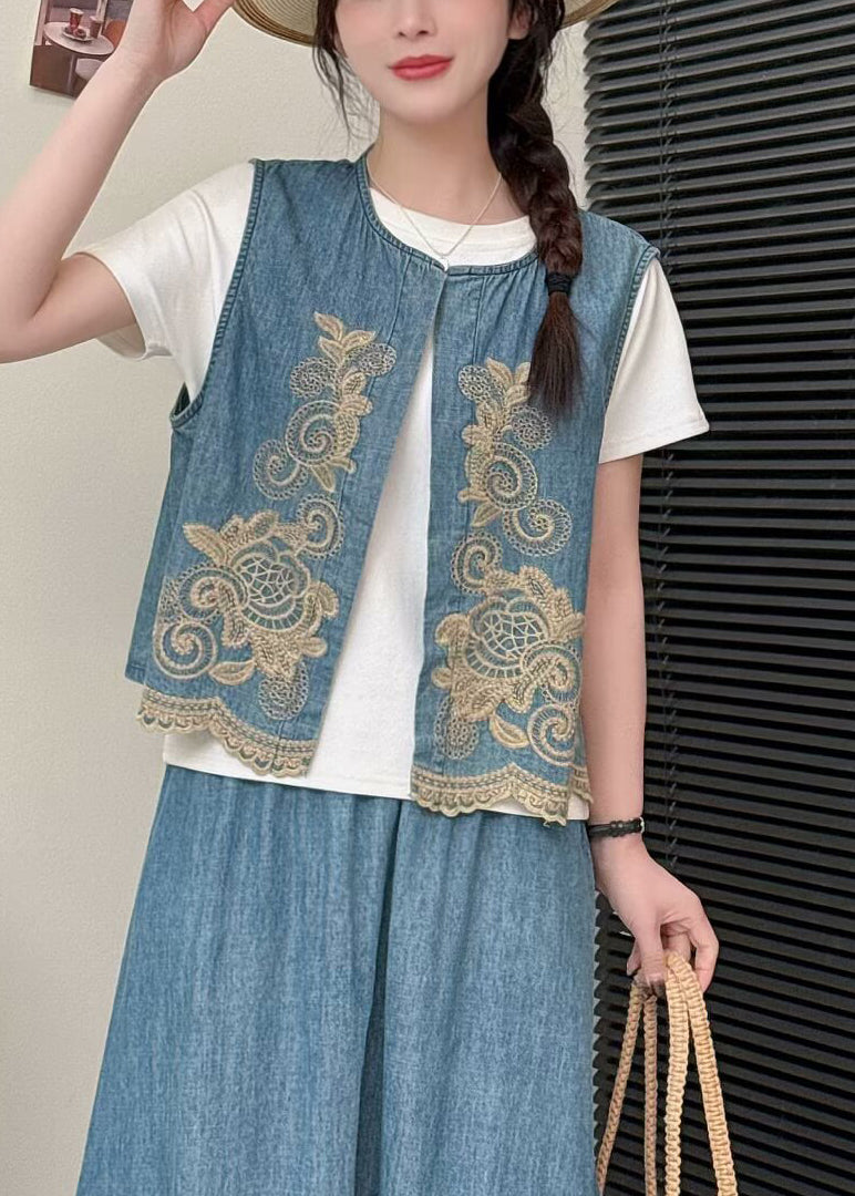 Light Green Embroideried Denim Vests Summer