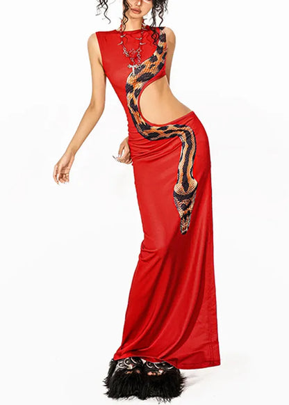 Slim Fit Red Python Print Hollow Out Vacation Maxi Dresses Summer