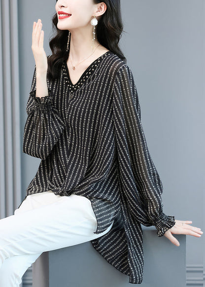 Black V Neck Striped Side Open Low High Design Chiffon Shirts Long Sleeve