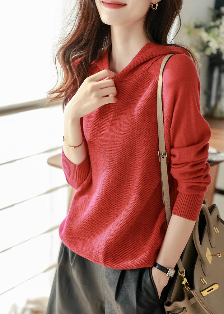 Red Woolen Hooded Pullover Sweatshirt Long Sleeve