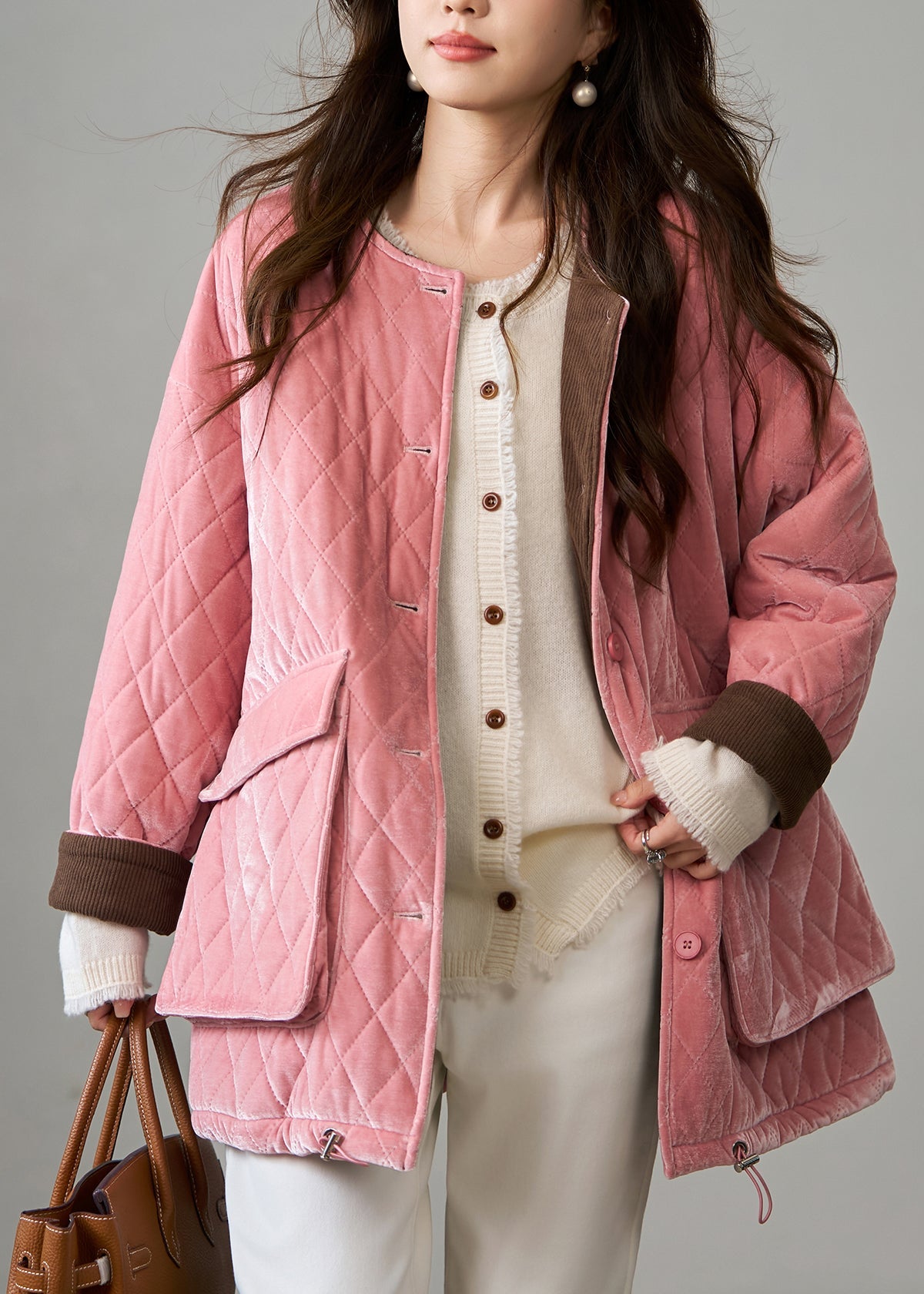 Pink Plaid Fine Cotton Filled Silk Velvet Jackets Winter