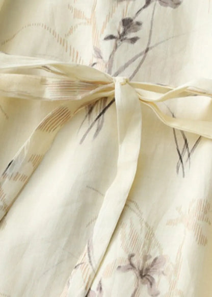 Boutique Apricot O-neck Print Tie Waist Cotton Dress Summer
