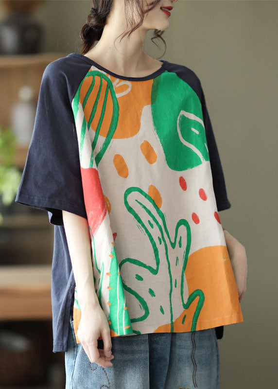 Navy Print Side Open Shirt Top Half Sleeve