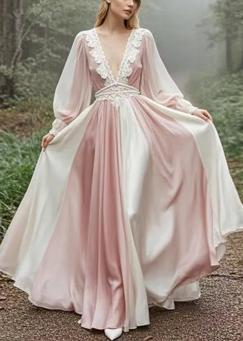 Pink V Neck High Waist Patchwork Maxi Dress Spring