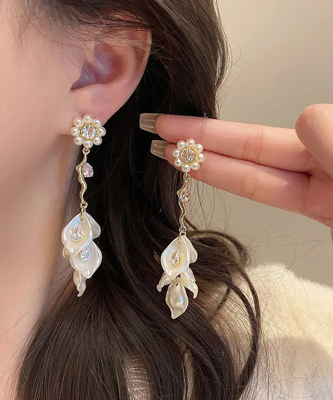 Gold Alloy Zircon Pearl Tassel Drop Earrings