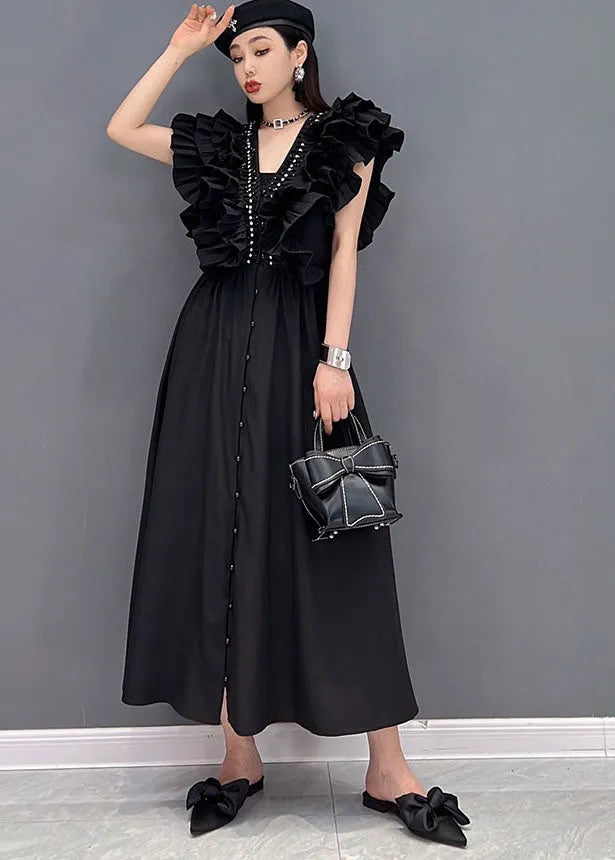 Style Black V Neck Original Ruffles Cotton Long Dress Vestidos Sleeveless