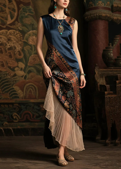 Diy Navy Asymmetrical Patchwork Silk Fake Two Piece Dresses Sleeveless Summer