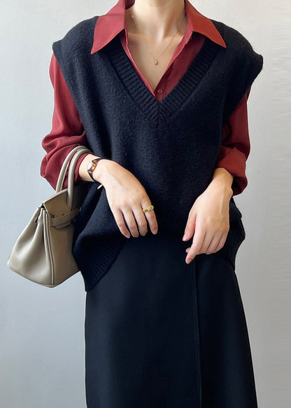 Simple Versatile Khaki V Neck Knit Vest Sleeveless