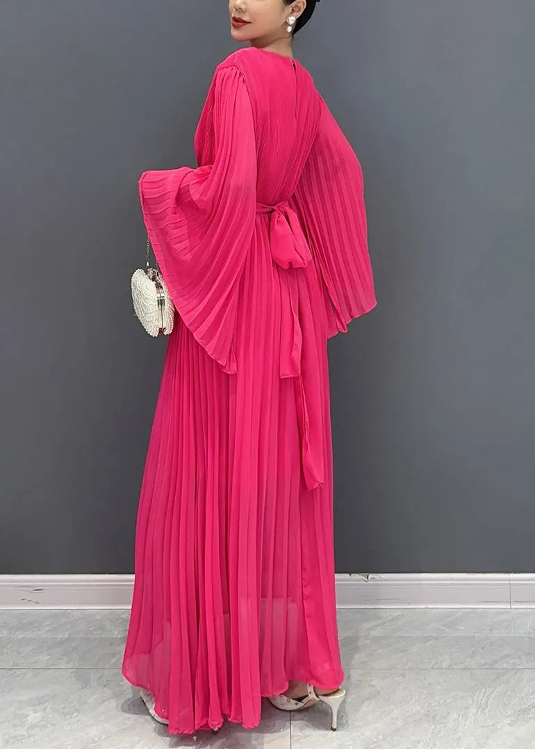 Rose Wrinkled Tie Waist Chiffon Maxi Dresses Flare Sleeve