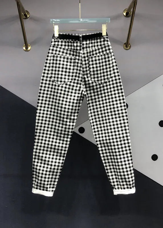 Black Plaid Pockets Patchwork Denim Pants Fall