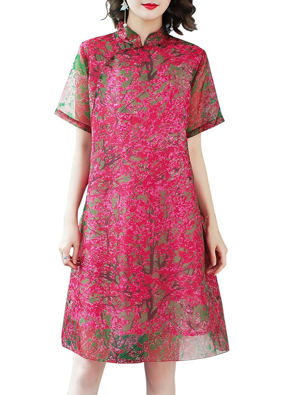 Red Stand Collar Print Silk Dress Short Sleeve