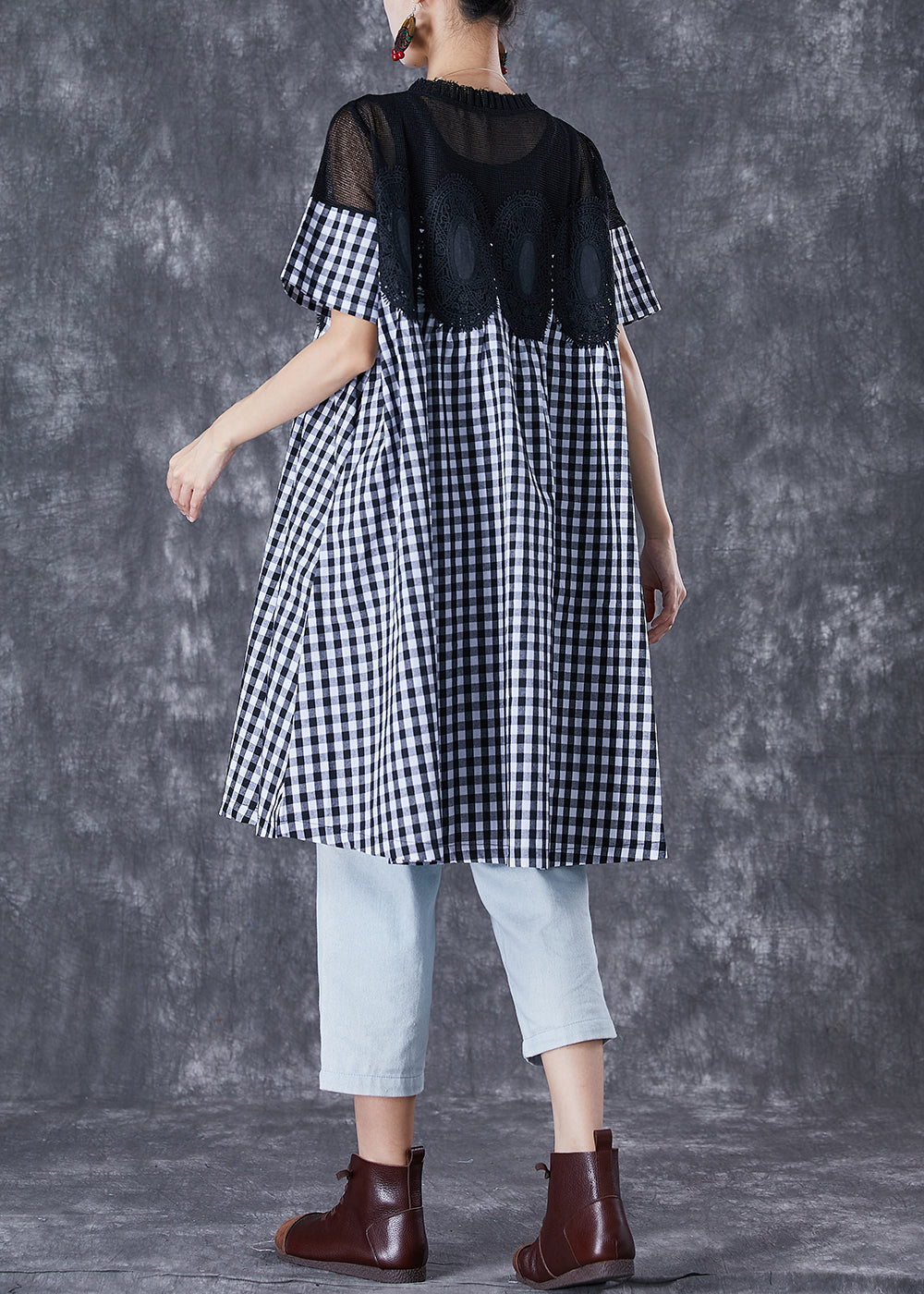 Black Plaid Patchwork Hollow Out Linen Dress Summer