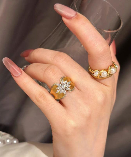 Retro Gold Old Gold Zircon Butterfly Wire Drawing Rings