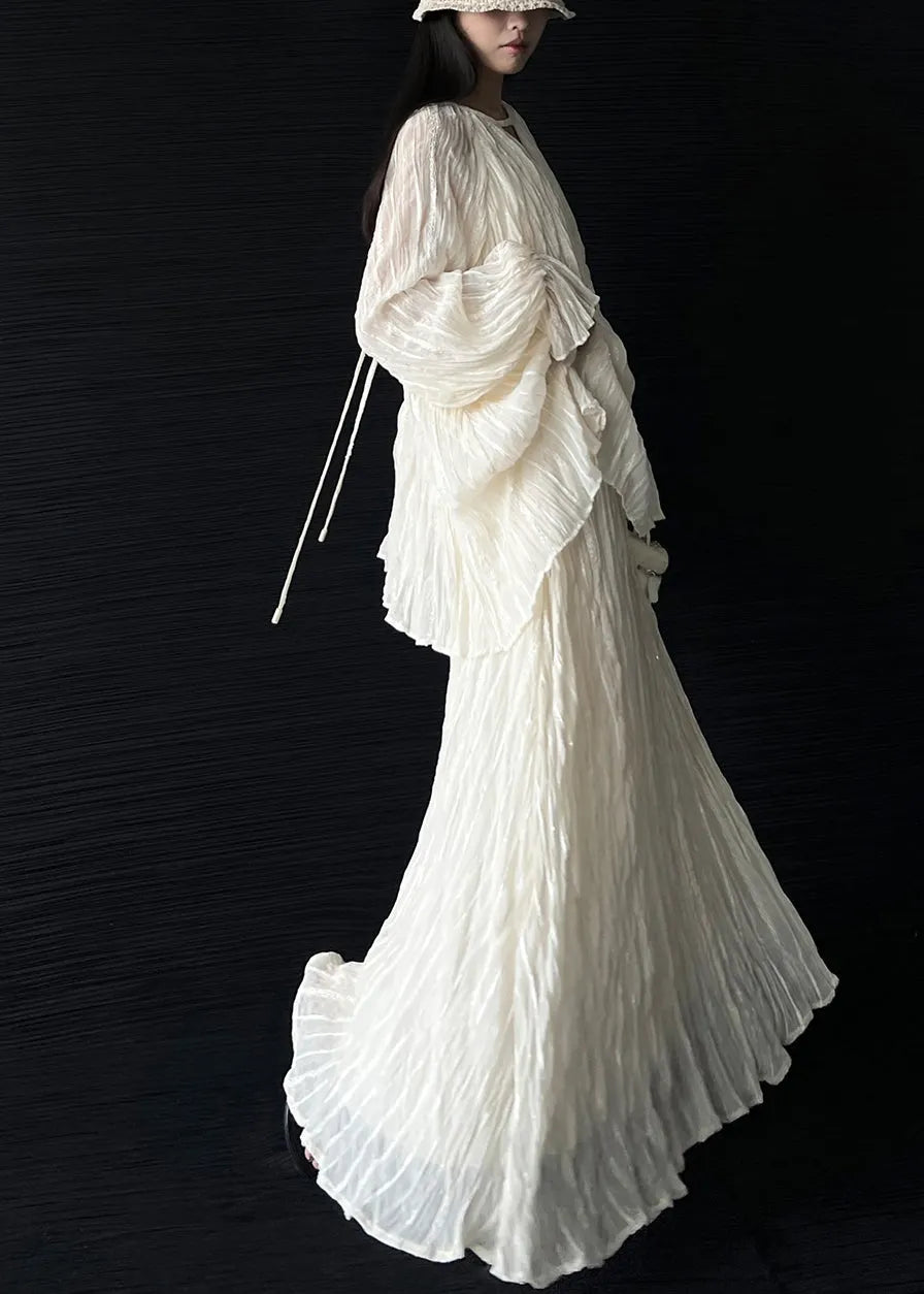 Fitted Beige O-neck Wrinkled Top and a Line Skirts Two Pieces Set Lantern Sleeve