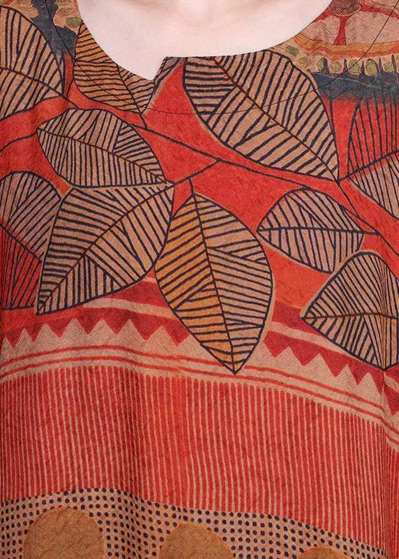 Natural Orange Print O-neck Asymmetrical Design Summer Silk Maxi Dresses