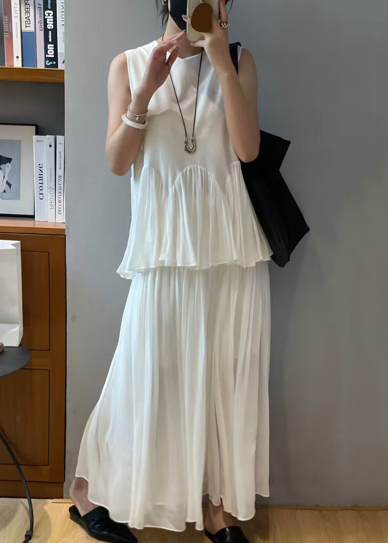 Loose White Wrinkled Chiffon Two-piece Set Sleeveless