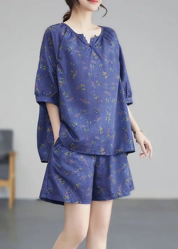 Purple Print Wrinkled Tops and Shortscotton Two Pieces Set Summer