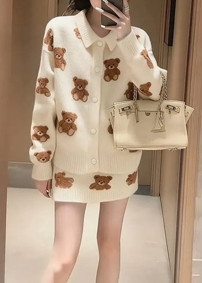 Winter White Cartoon Jacquard Knitted Sweater and Skirt Set