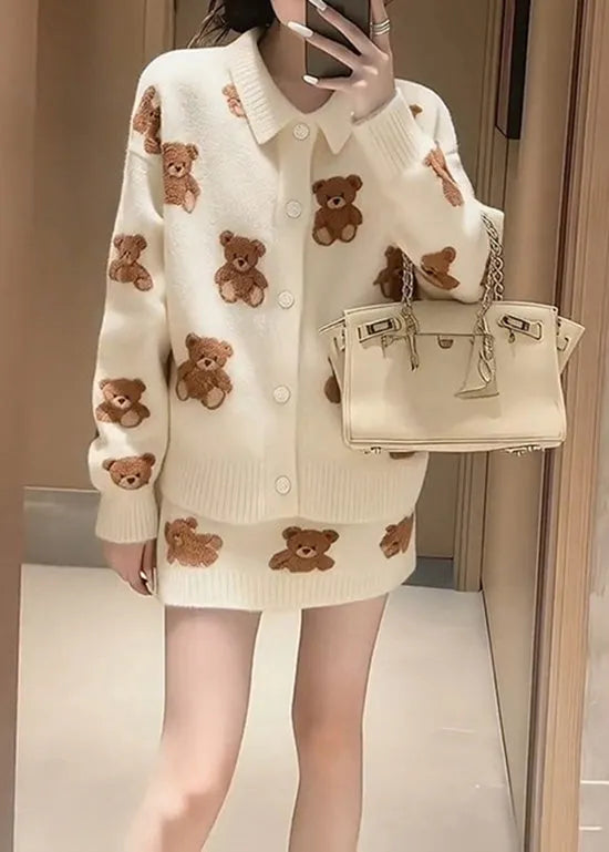 Winter White Cartoon Jacquard Knitted Sweater and Skirt Set