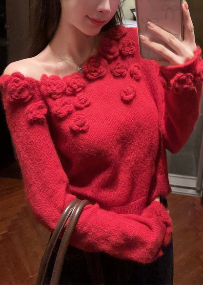 Red Patchwork Knit Sweater Asymmetrical Winter