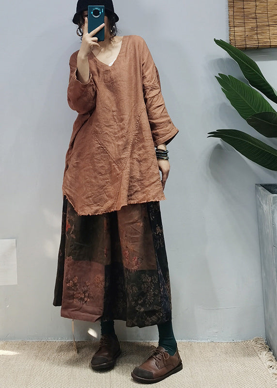 Orange V Neck Side Open Patchwork Linen Tops Spring