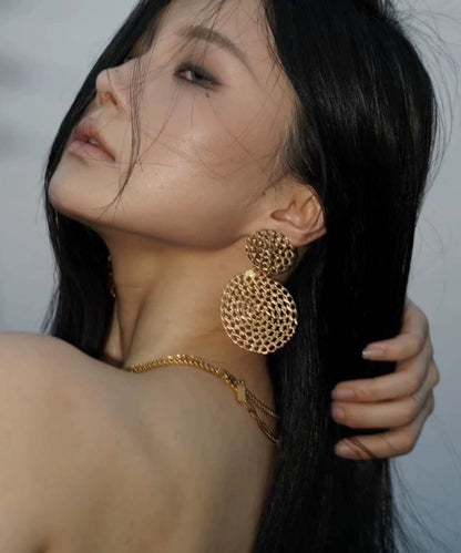Gold Copper Overgild Hollow Out Round Drop Earrings