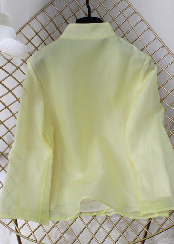 Simple Yellow Stand Collar Embroideried Chiffon Coat Long Sleeve