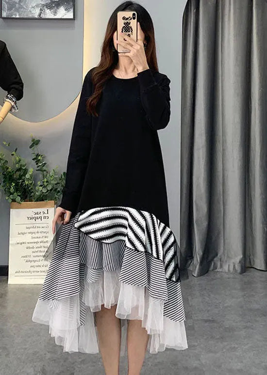 French Black Tulle Striped Patchwork Cotton Dresses Spring