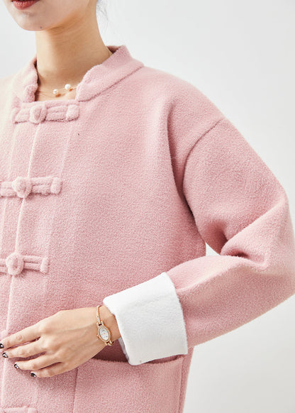 Pink Mandarin Collar Chinese Button Pockets Woolen Coats Fall