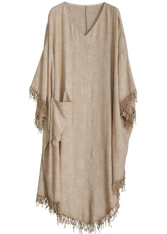 Khaki Silk Linen Jacquard Tassel Dress Two Piece Set
