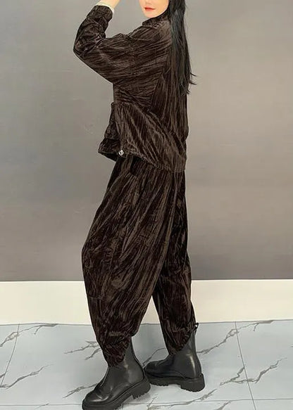 Loose Brown Zippered Tops and Crop Pants Silk Velvet Two Pieces Set Winter