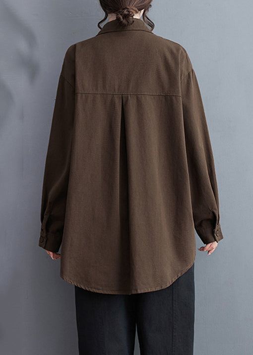 Loose Coffee Pockets Cotton Shirts Long Sleeve
