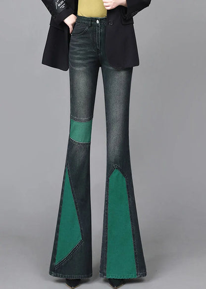 Green Asymmetrical Patchwork Denim Flare Bottoms Spring