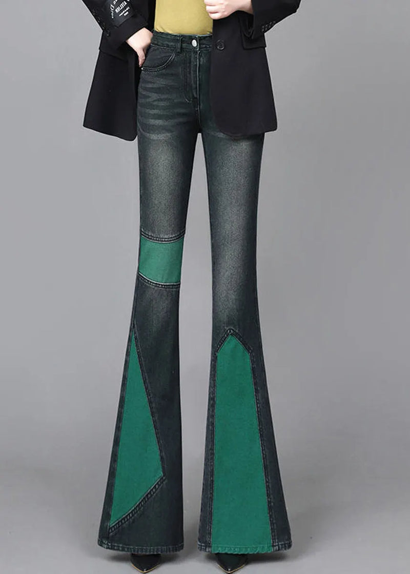 Green Asymmetrical Patchwork Denim Flare Bottoms Spring