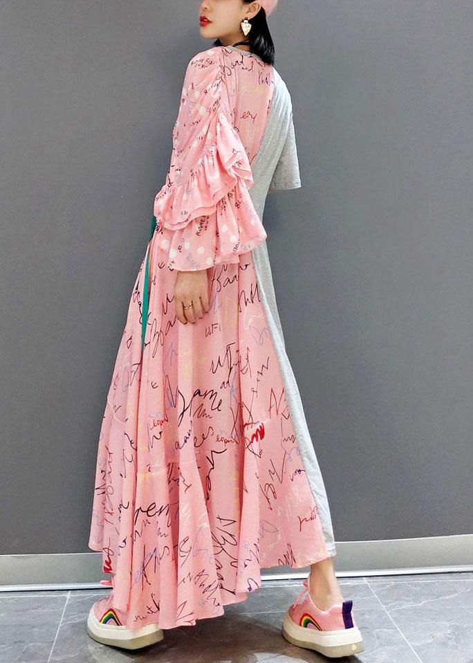 Boutique Patchwork O-neck Print Half Sleeve Asymmetrical Design Fall Cotton Long Dress