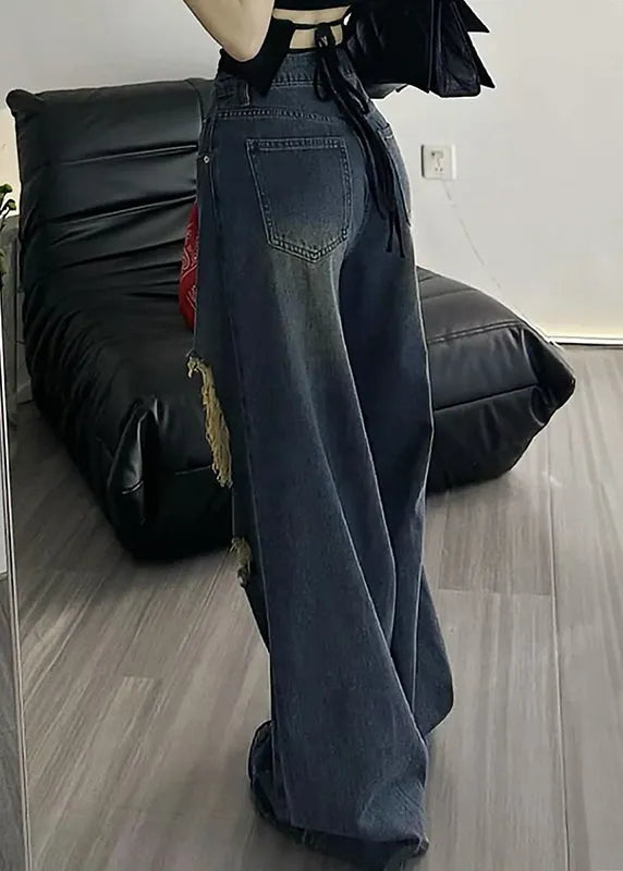American Style Blue High Waist Ripped Denim Wide Leg Pants Fall