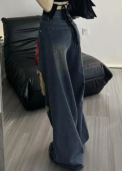 American Style Blue High Waist Ripped Denim Wide Leg Pants Fall