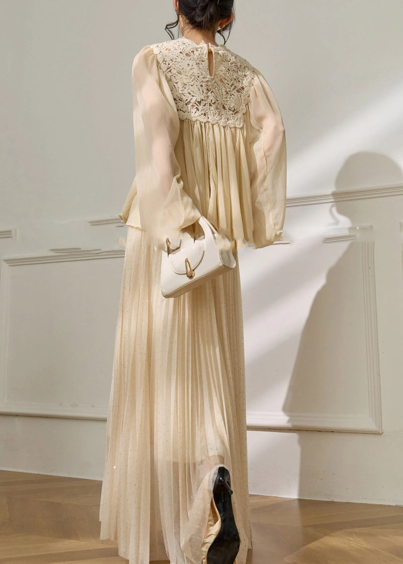 Beige Lace Patchwork Top and a Line Skirts Two Pieces Set Spring