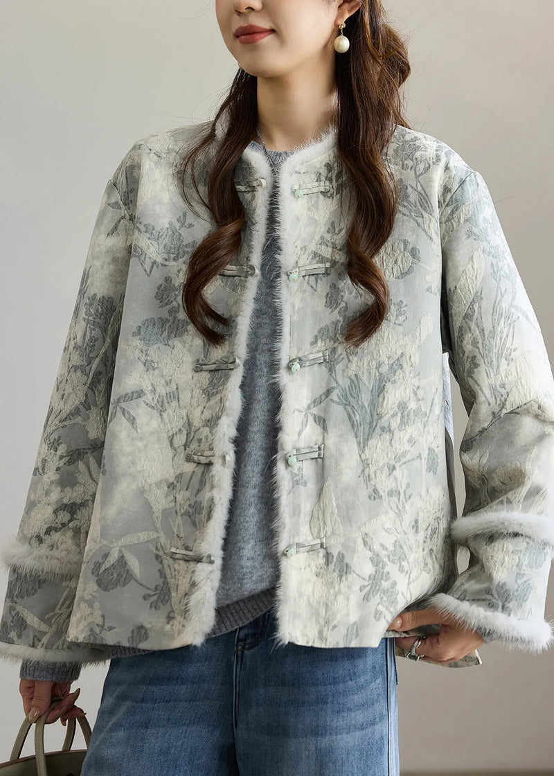 Dark Grey Jacquard Patchwork Faux Fur Cotton Oriental Coats Winter