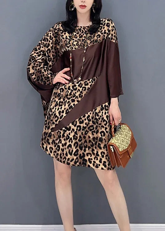Chocolate O-neck Leopard Print Maxi Dresses Spring