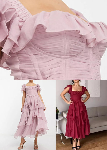 Pink Hollow Out Wrinkled Cotton Summer Dresses Square Collar