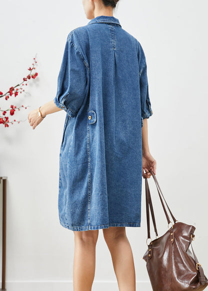 Blue Peter Pan Collar Cinched Denim Dress Half Sleeve