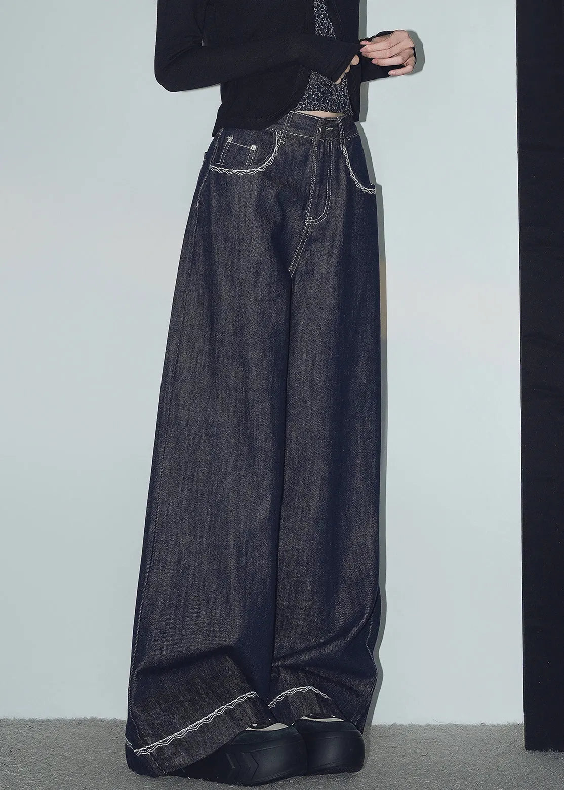 New Navy Original Design Pockets Denim Wide Leg Pants Spring